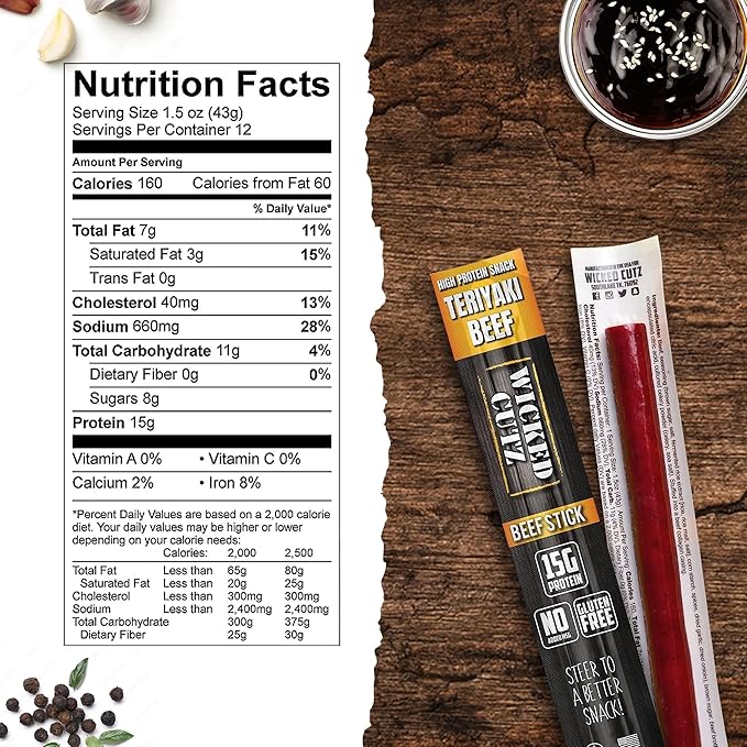 Wicked Cutz Teriyaki Beef Sticks, 15g Protein Per Beef Stick, Tender & Juicy Extra Large Meat Stick, USA Made High Protein Meat Sticks, Carnivore Snacks (12 Pack)