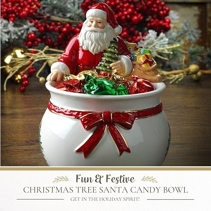 Spode Christmas Tree Candy Bowl - 7.5-Inch Earthenware Bowl for Candy, Nuts, Potpourri, Holiday Decor - Food-Safe Decorative Design with Santa and Tree Motif - Christmas Gift, Festive Tabletop Accent