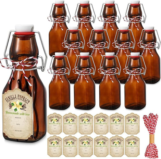 Uiifan 12 Pcs 4 oz Amber Swing Top brown Square Glass Bottles for Vanilla Extract with Caps and Cotton Twines Label Flip Top Glass Bottle for Home Vanilla Brew Oil Beer Tea Supply