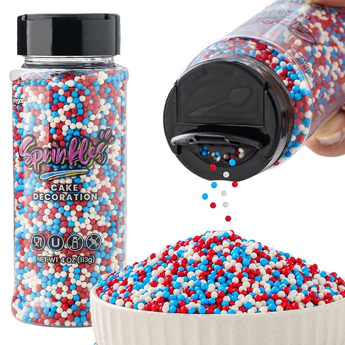 Red White and Blue Nonpareils Sprinkles, Sujoygar 4oz Edible Patriotic Sprinkles for Ice Cream Toppings Cake Cupcakes Chocolate Baking Cookies Desserts Decoration, 4th of July Independence Memorial Food Supplies
