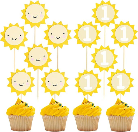 12pcs Sunflower 1st Birthday Cupcake Toppers,You Are My Sunshine First Birthday Decoration, Sunflower Themed One Birthday Party Cupcake Toppers, Prop Photo Prop Decoration