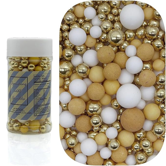 Dynastang Mixed Size Light Brown & Gold & White Pearls Sprinkles Edible Pearls Cake Decorating Pearls Cake Decorations Cupcake Toppers Decorating Perfect for Cakes, Cupcakes, Desserts 3OZ