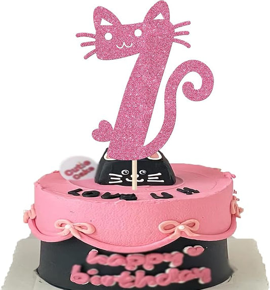 1 Pack 7th Cake Topper Glitter Cat Birthday Cake Pick Cute Pet Cat Cake Decoration for Cat Theme Baby Shower Kids Seven Birthday Wedding Party Cake Decorations Supplies Pink