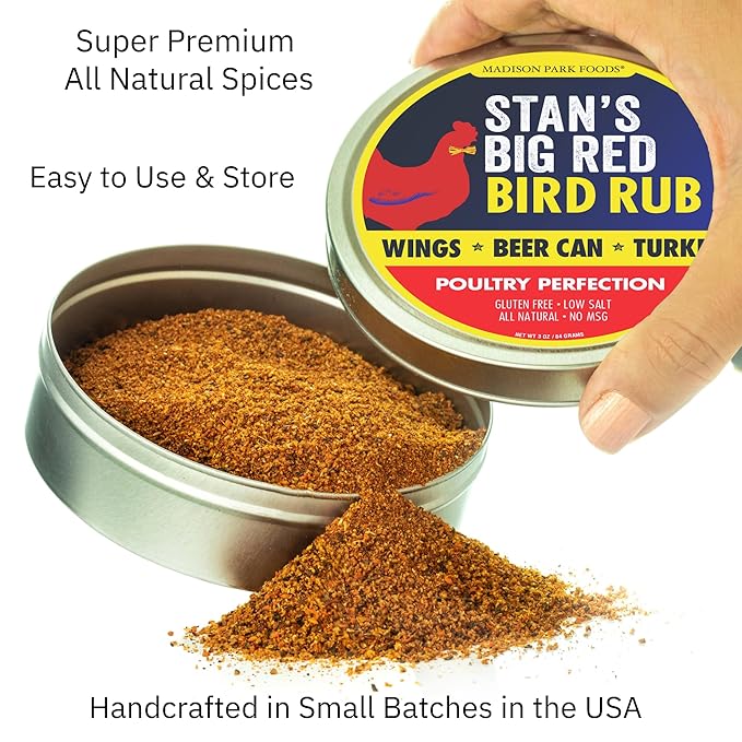 Stan?™s Big Red Bird Rub ??Poultry Seasoning for BBQ Chicken and Fried Turkey ??Perfect Beer Can, Spatchcock, Wings ??All Natural, Gluten-Free, Low Salt, No MSG ??3oz Fresh-Sealed Pouch in Reusable Tin