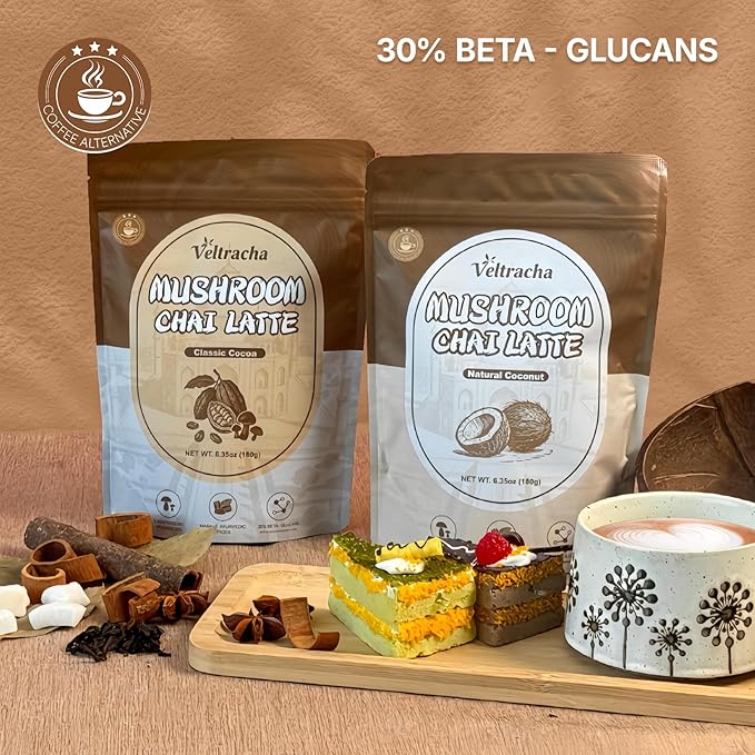 Veltracha Mushroom Chai Tea, Instant Chai Tea Powder with 6 Adaptogenic Mushrooms, Spiced Chai Latte for Energy & Focus Support, 6.35 oz 20 Servings (Classic Cocoa)