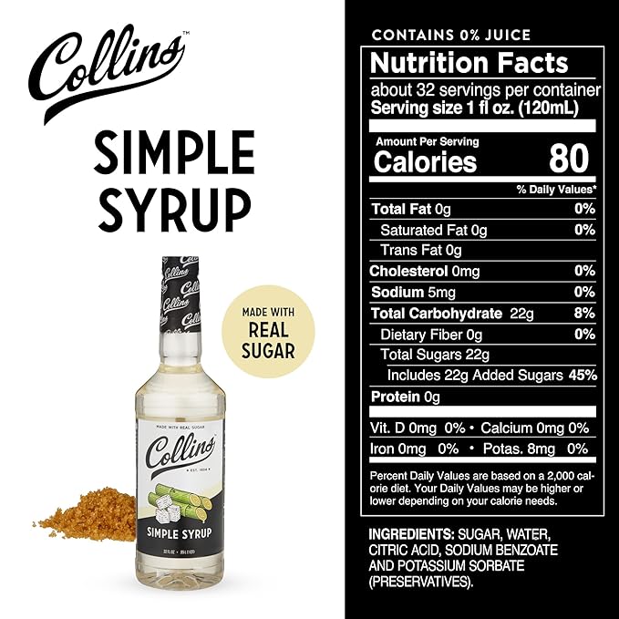Collins Simple Syrup, Classic Simple Syrup, Real Sugar Cocktail Syrups, Soda Water Flavors, Cocktail Mixers, 32 Ounces, Set of 1