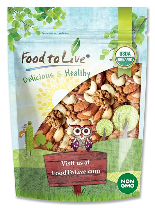 Food to Live Organic Mixed Raw Nuts, 2 Pounds ??Cashews, Brazil Nuts, Walnuts, Almonds, Non-GMO, Kosher, Vegan, Unsalted, Bulk