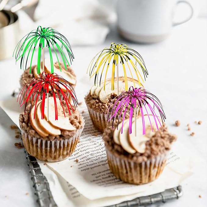Rsstarxi 100 Pack Firework Cupcake Toppers 4th of July Cupcake Toppers Firework Cocktail Picks Foil Frill Toothpicks Holiday Cake Decorations for New Years Graduation Halloween Party Decorations