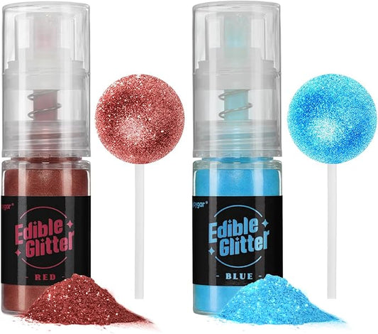 Sujoygar Edible Glitter Spray 2 Colors, Red and Blue Edible Glitter for Cocktails, Shimmer Powder Luster Dust Edible for Cake Drink Strawberrie Cupcake Cookies Patriotic Baking Decoretion, Vegan(5g/Bottle)