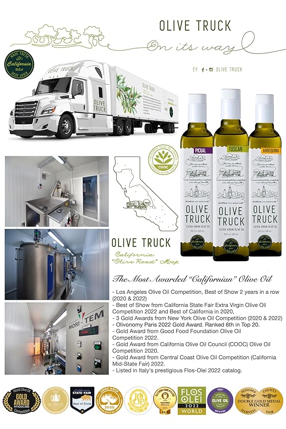 Olive Truck California Extra Virgin Olive Oil - Made from Early Harvest Olives, Authentic & Filtered, Glass Bottle, Cold-Pressed High Polyphenol Olive Oil - Frantoio (Italian) 16.9 fl oz (Pack of 1)