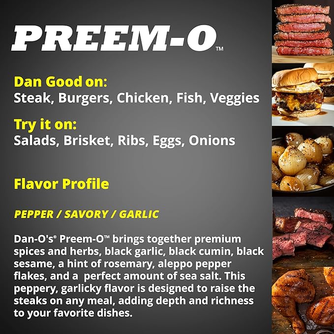 Dan-O's Preem-O Seasoning, 2.5 oz Bottle, Meat Seasoning for Steak, Ribs, Chicken, Brisket and More, Sugar Free, Zero Calorie, Use this Spice Blend to Craft a Marinade, Dry Rub or Sauce