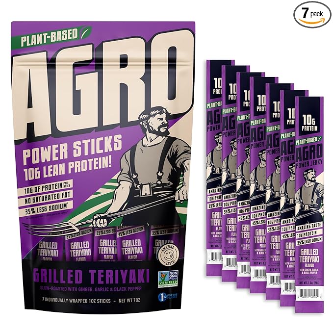 AGRO POWER Vegan Jerky Sticks ??Grilled Teriyaki Flavor ??7-Stick Bag of Plant-Based Jerky with 10g Protein ??Non-GMO, Low Sodium, High Protein Vegan Snack ??Vegetarian Meat Alternative