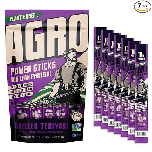 AGRO POWER Vegan Jerky Sticks ??Grilled Teriyaki Flavor ??7-Stick Bag of Plant-Based Jerky with 10g Protein ??Non-GMO, Low Sodium, High Protein Vegan Snack ??Vegetarian Meat Alternative