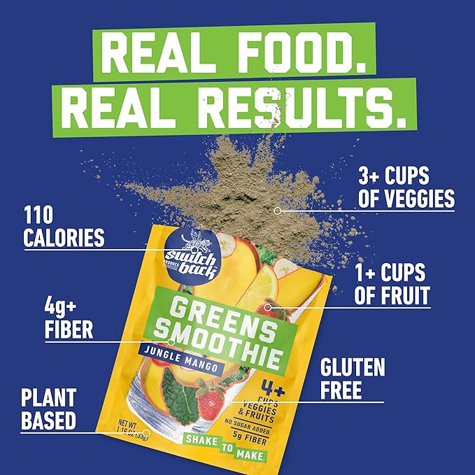 Switchback Greens Smoothie Powder, Shake to Make, Family Founded, Gluten Free Mix for Water, Juice or Milk, Made with Freeze Dried Fruit and Veggies, Green Drink for Energy Boost, Vegan, Plant Based, 4.5g Fiber, 7 Packets - Variety Pack