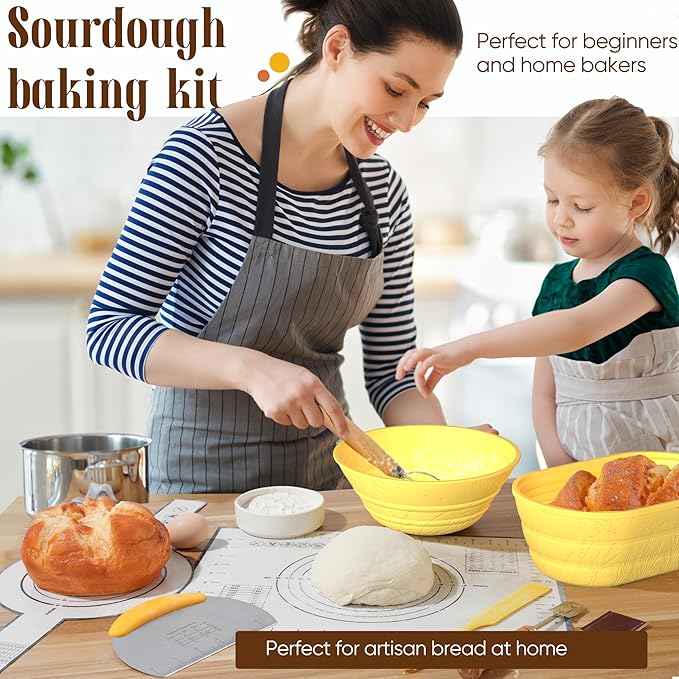 Sourdough Starter Kit with Jar ??Complete Sourdough Bread Baking Supplies for Beginners, Includes 2 Silicone Proofing Baskets Baking Mat Sour Dough Kit - Yellow