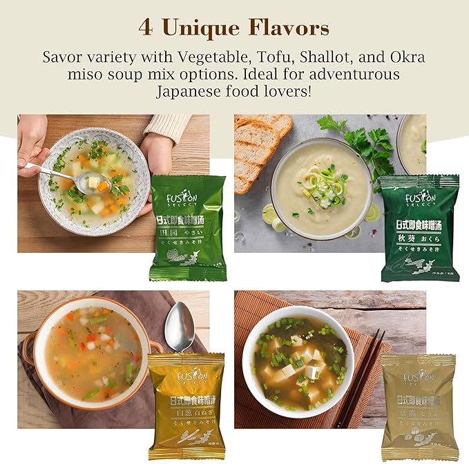 Fusion Select Freeze Dried Miso Soup Packets - Variety Pack with 4 Flavors - Vegetable, Shallot, Tofu & Okra Flavored Japanese Instant Miso - Just Add Water - 8 Single Serve Soup Packs, 2 per Flavor
