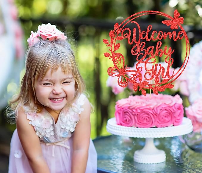 Welcome Baby Girl Cake Topper - Red Glitter Baby Shower Cake Decorations, Baby Girl Cake Decor, for Baby Shower/Birthday Party/Gender Reveal Party Photo Booth Props