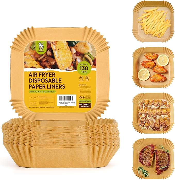Katbite Air Fryer Liners Disposable - 8 inch Square Non-Stick Airfryer Paper Liners, Unbleached Parchment Paper for 5 to 8 Qt Basket, Frying, Baking, Cooking, Roasting, Easy Cleanup, 130pcs