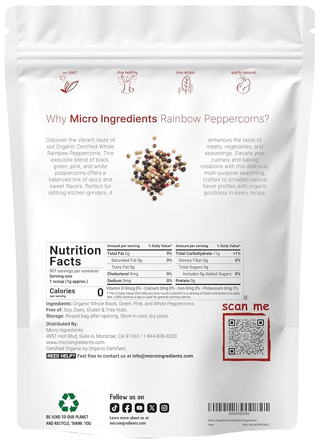 Micro Ingredients Organic Whole Rainbow Peppercorns, 2lbs | Premium Whole Peppercorns for Grinder Refill | Great for Seasonings, Meats & Vegetables | Additive Free, Non-GMO, Bulk Supply
