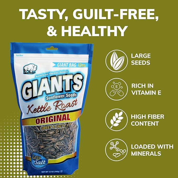 GIANTS Kettle Roast Sweet & Salty Sunflower Seeds - Sunflower Seeds Bulk, Sunflower Seed Snack to Eat, Roasted Sunflower Snack with 8g Protein Per Serving - 12 oz Bag