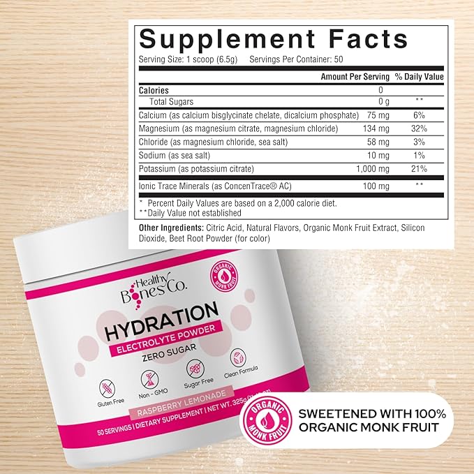 Sugar-Free Electrolyte Powder Drink Mix Fast Hydration Naturally Sweetened with Organic Monk Fruit, Raspberry Lemonade Flavor (325g) with Key Electrolytes and Trace Minerals ?“Keto Friendly, Vegan