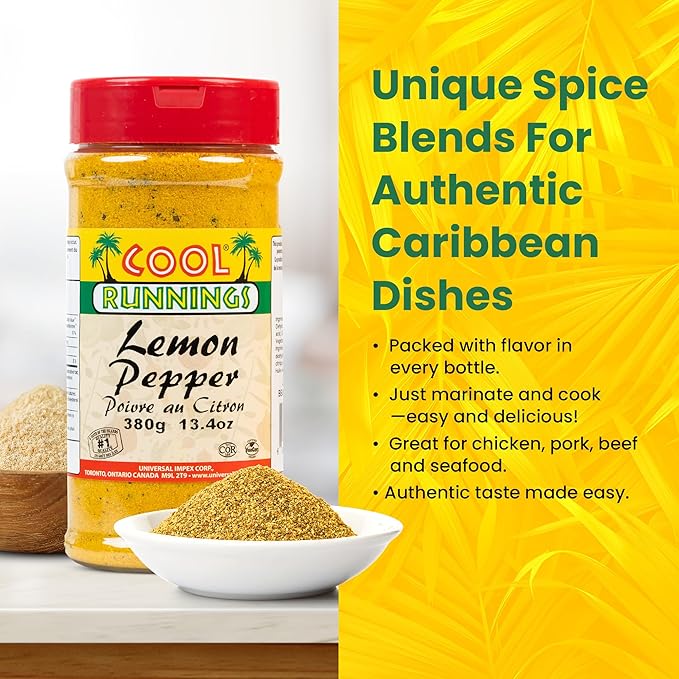 Cool Runnings Lemon Pepper 380g - Zesty and Savory Blend for Enhancing Chicken, Seafood such as Salmon, and Vegetables, Ideal for Roasting and Grilling