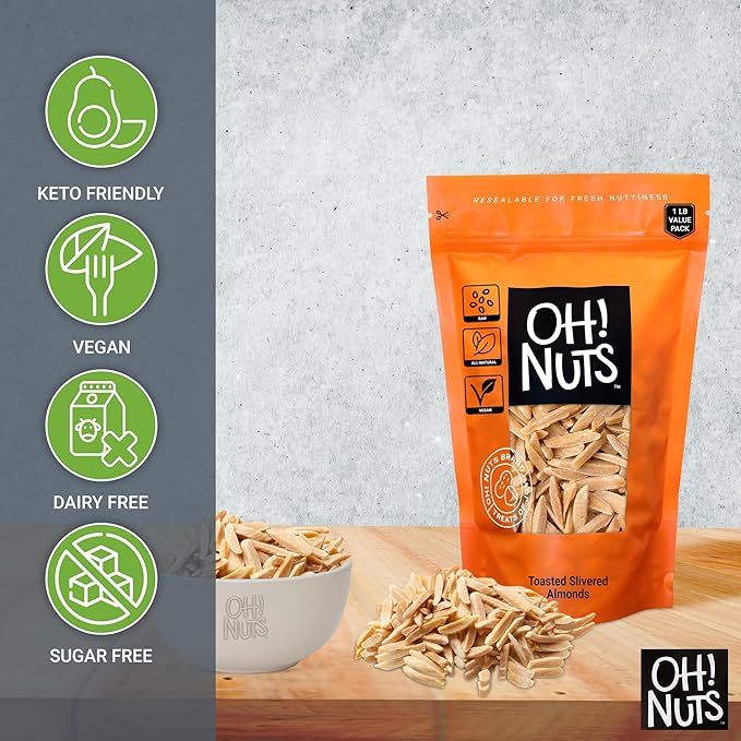 Oh! Nuts Almonds Toasted Slivered - Raw - 100% Natural - 1 lb - High-Protein Almonds - Packed in New York Zip-Seal Bag for Exceptional Freshness