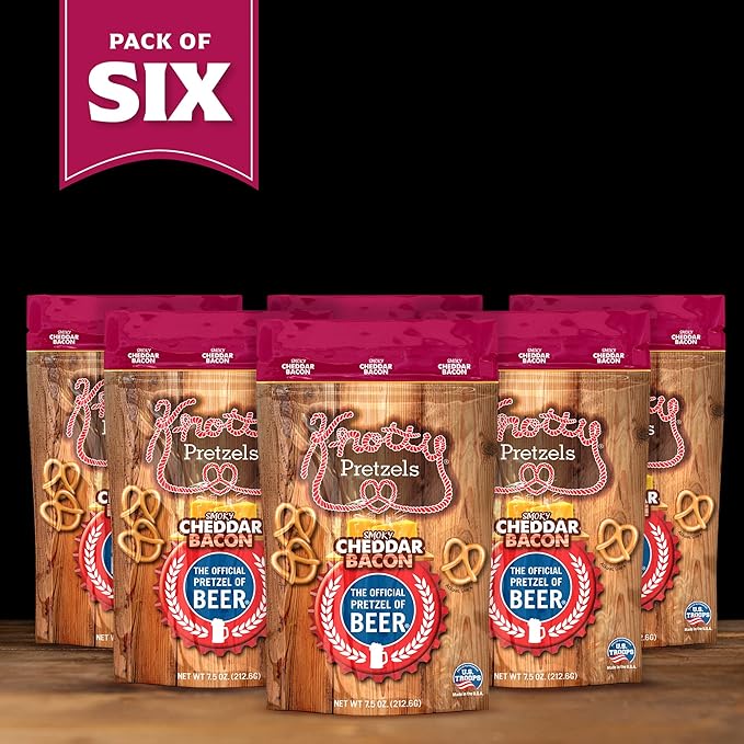 Knotty Pretzels ?쏷he Official Pretzel of Beer??7.5 oz Individual Seasoned Pretzels in Resealable Pretzel Snack Bags, The Perfect Pairing for Beer, Cheddar Bacon Pretzel Flavor (6-Pack)