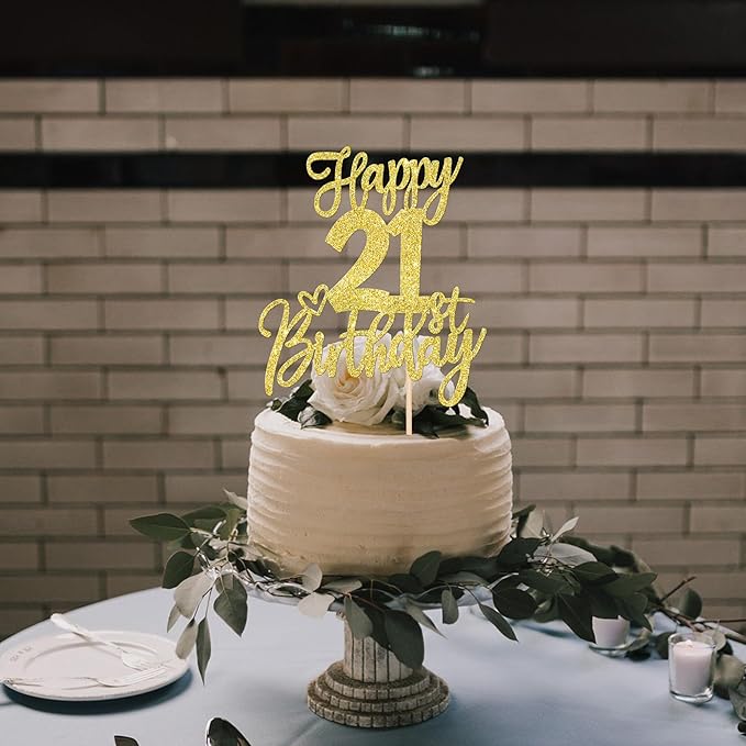 1 PCS Happy 21st Birthday Cake Topper Glitter Cheers to 21 Years Birthday Cake Pick Twenty One 21 Fabulous Cake Decoration for Happy 21st Birthday Anniversary Party Decorations Supplies Gold