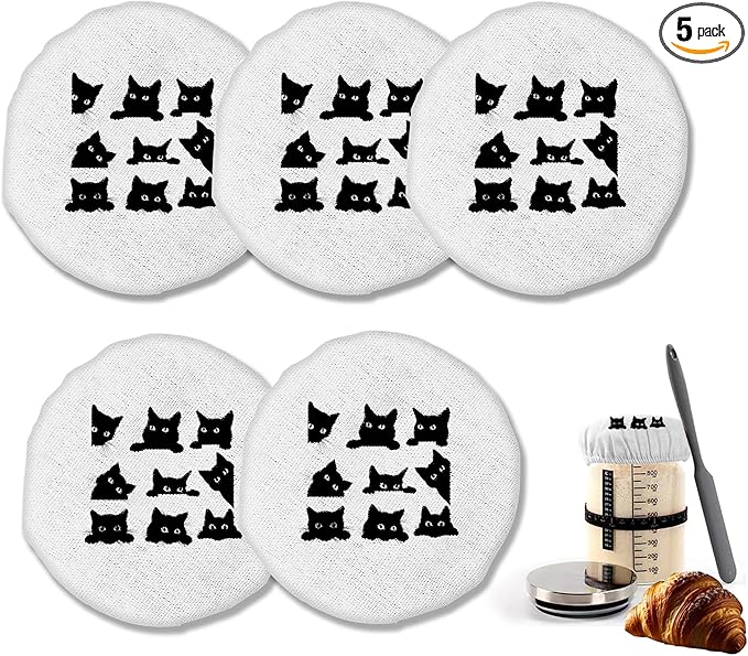 Sourdough Starter Cloth Covers Jars, Cute Black Cats Or Kombucha Kefir Fermentation Cheese Fabric Lids, Fit Jars Mouth from 3-4 inch, 5 Pack