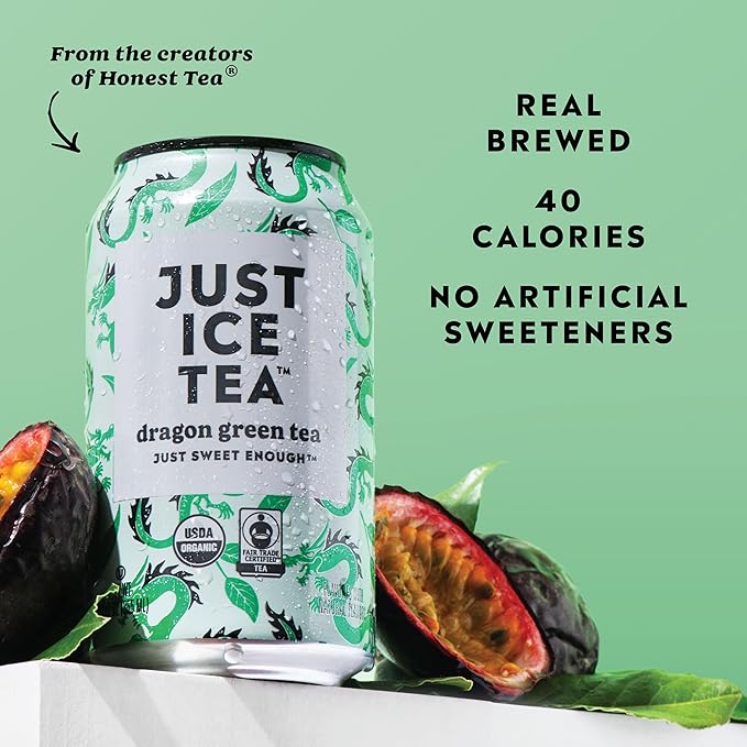 Just Ice Tea, Dragon Green Iced Tea, 12-Pack (12oz Cans), Green Tea, USDA Certified Organic, Real Brewed, Low Calorie, No Artificial Sweeteners, Fair Trade, Made in USA.