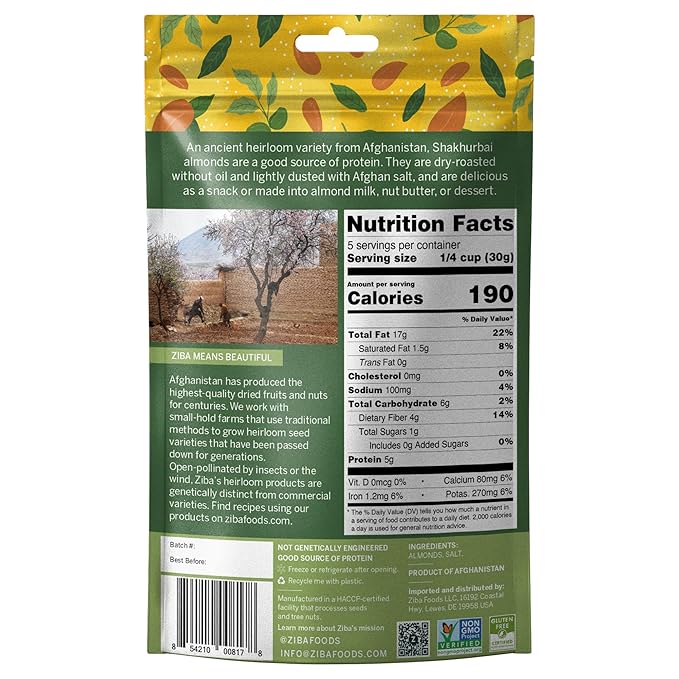 Ziba Foods Heirloom Shakhurbai Almonds | Dry Roasted & Salted | Non-GMO, Vegan, Gluten Free Snack, Nuts | Heirloom, Warm & Nutty | Healthy, Delicious Snack, 5.3 oz