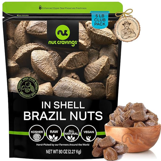 NUT CRAVINGS - Raw Brazil Nuts In Shell - Whole, (80oz - 5 LB) Bulk Nuts Packed Fresh in Resealable Bag - Healthy Protein Food Snack, All Natural, Keto, Vegan, Kosher