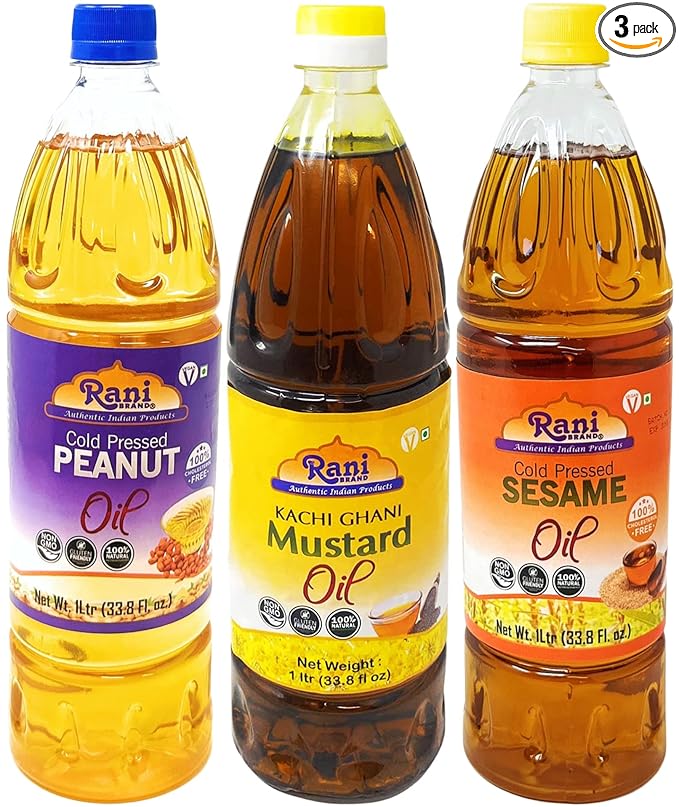 Rani Premium Oils Combo Set of 3 - Peanut Oil, Mustard Oil, Sesame Oil 33.8 Ounce (1 Liter) ~ Cold Pressed | 100% Natural | Kosher | NON-GMO | Vegan | Gluten Free