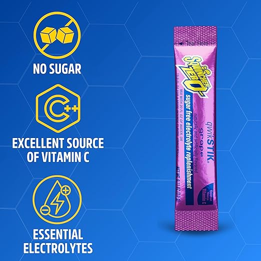 Sqwincher Zero Qwik Stik, Sugar Free, Low Calorie, Low Sodium Electrolyte Replacement Powder Hydration Drink Mix, Grape, 0.11 oz Packet (Pack of 50)