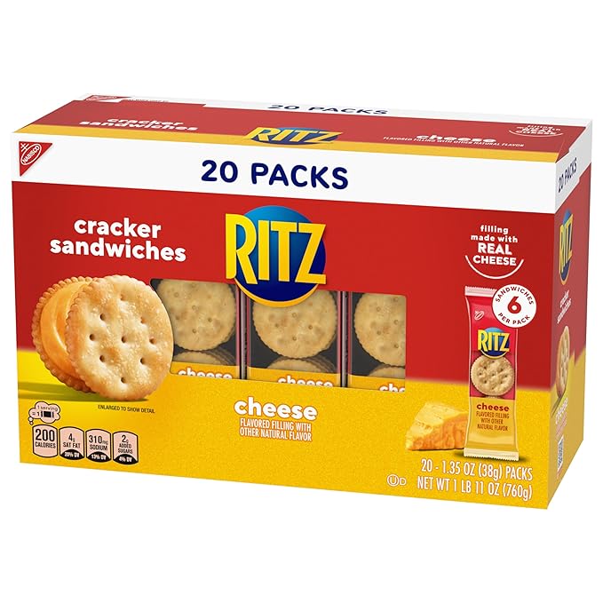 RITZ Cheese Sandwich Crackers, Lunch Snacks, 20 Snack Packs (6 Crackers Per Pack)