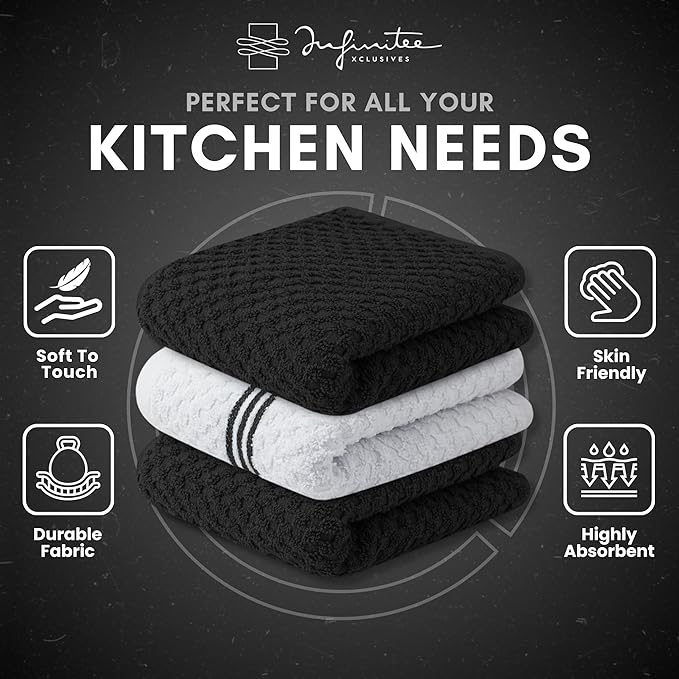 Infinitee Xclusives Premium Kitchen Towels ??Pack of 3, 100% Cotton |15 x 25| Inches Absorbent Dish Towels - Terry Kitchen Dishcloth Towels - Black Dish Cloth for Household Cleaning