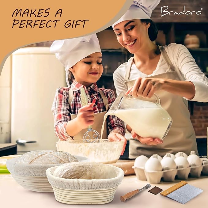 Banneton Bread Proofing Basket Set, 10 Inch Oval & 10 Inch Round Whicker Bread Proofing Baskets with Sourdough Bread Baking Supplies, Bread Making Kit Decorators Edition