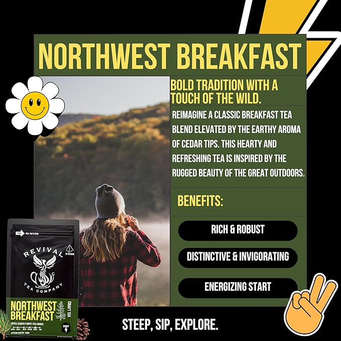 Revival Tea Company Northwest Breakfast Tea - Black Tea Blend with Western Cedar Tips, Assam, Ceylon, and Chinese Black Tea - 24 Tea Bags