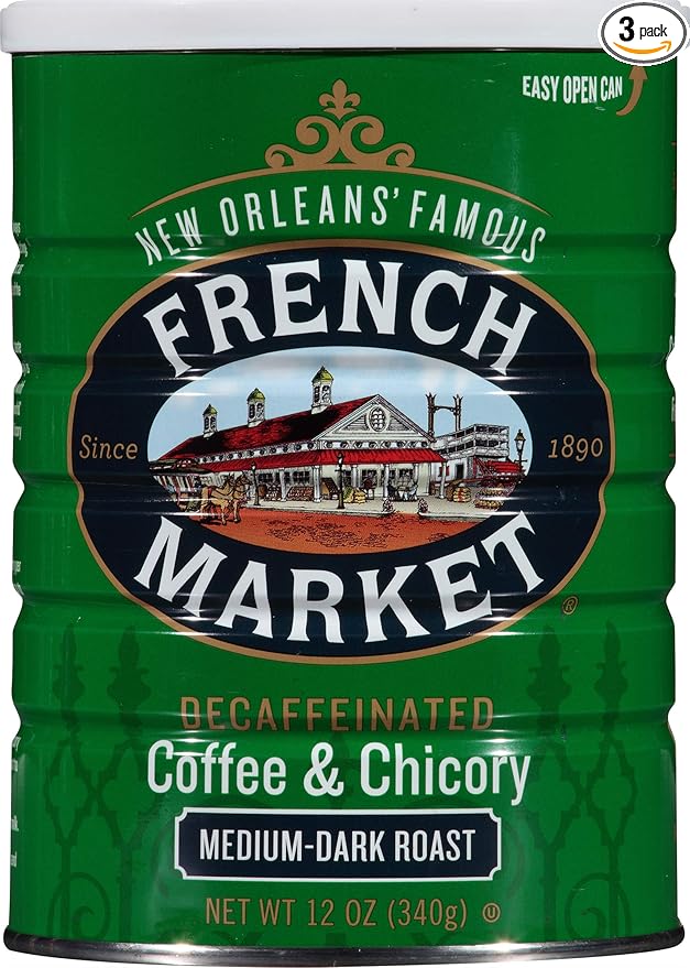 French Market Coffee & Chicory Decaffeinated Medium-Dark Roast Ground Coffee, 12oz Can (Pack of 3)
