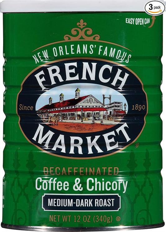 French Market Coffee & Chicory Decaffeinated Medium-Dark Roast Ground Coffee, 12oz Can (Pack of 3)