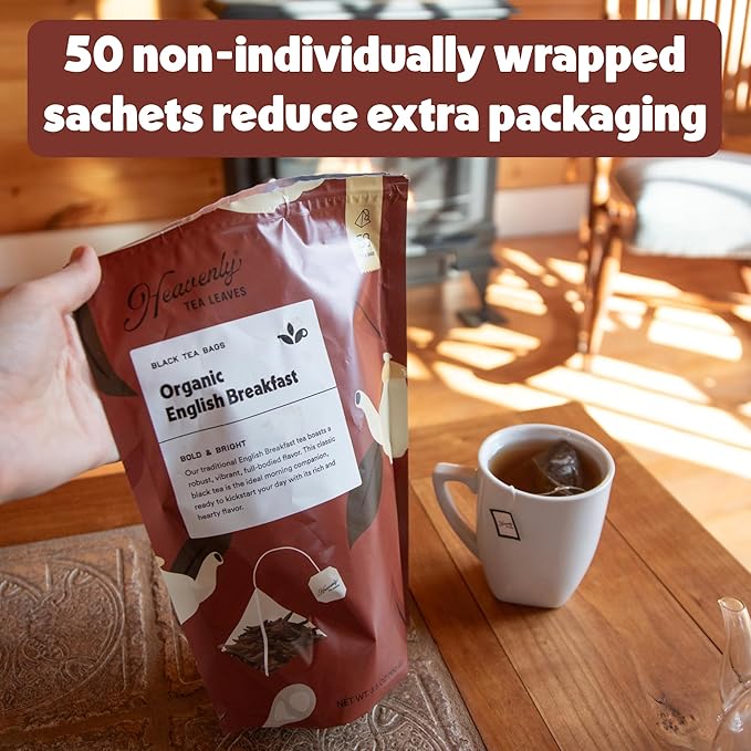 Heavenly Tea Leaves Organic Jasmine Green (50 Pyramid Tea Bags), Bulk Compostable Green Tea Sachets - 100% Plastic Free, Premium Quality, Whole Tea Leaves in a Convenient Tea Bag