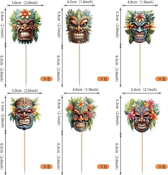 Rsstarxi 36 Pack Hawaii Tiki Cupcake Toppers Tiki Tribal Masks Cupcake Picks Hawaiian Tropical Tiki Totem Themed Party Cake Decorations for Summer Aloha Tropical Birthday Party Supplies