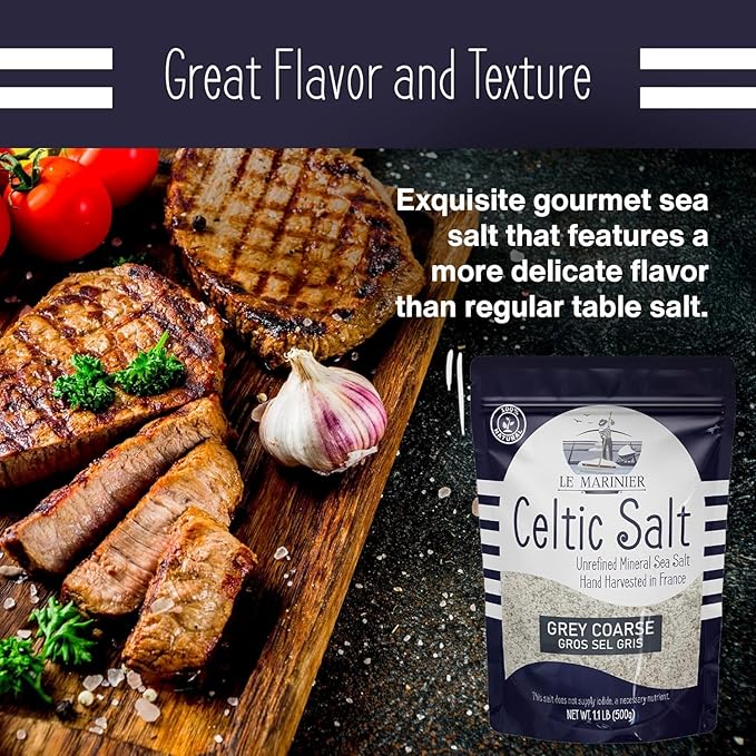 Le Marinier French Sea Salt Grey Coarse, 1.1lb - 18oz Pack of 2. Mineral Rich Unrefined French Sea Salt 100% Natural, Hand Harvested (1.1lb Grey Coarse - Pack of 2)