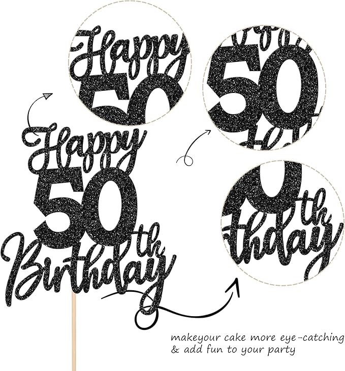 1 PCS Happy 50th Birthday Cake Topper Glitter Cheers to 50 Years Birthday Cake Pick Fifty Hello 50 Fabulous Cake Decoration for Happy 50th Birthday Anniversary Party Decorations Supplies Black