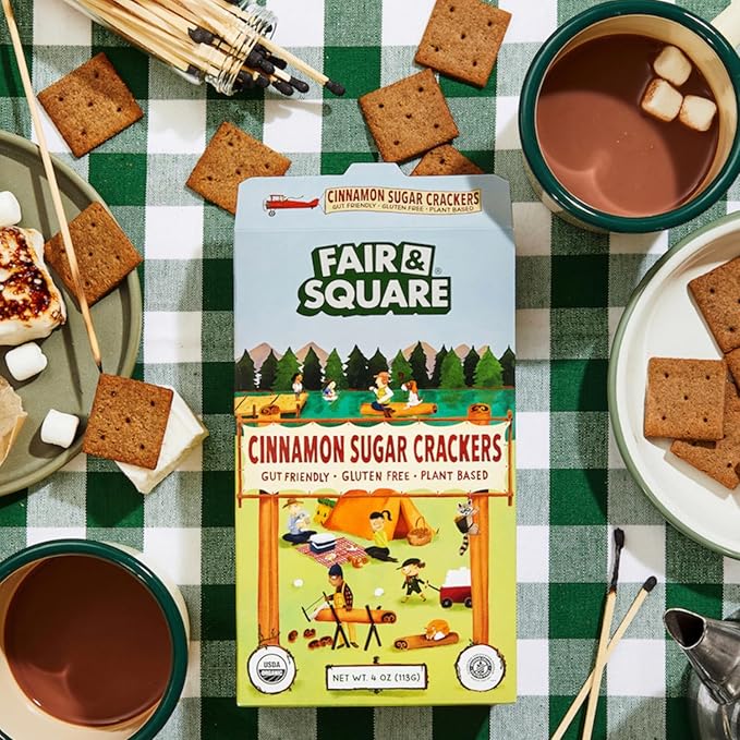 Fair & Square Gluten Free Graham Crackers Powered by Gut Friendly, Prebiotic Banana Flour | Organic, Vegan, Dairy Free, Allergen Friendly, Nut Free, High Calcium, Kosher | 4 oz (Pack of 2) - Cinnamon Sugar Graham Crackers