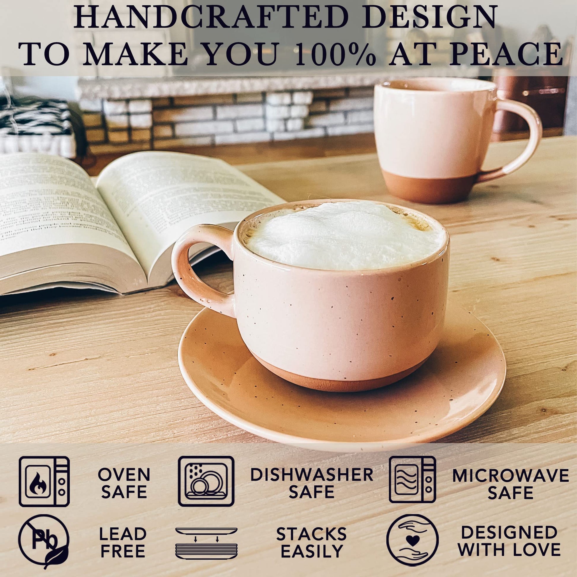Mora Ceramics 8oz Cappuccino Mug Set of 4 - Ceramic Coffee Cups with Saucers - Microwave and