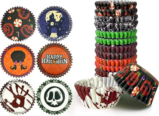 qiqee Halloween 300PCS Mini Cupcake Liners Cupcake Cups 6 Designs Halloween Witch Cupcake Papers Baking Cups Cupcake Wrappers (Small Size)