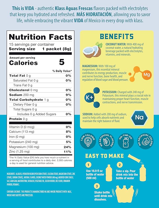KLASS VIDA Electrolyte Drink Mix ??Horchata Agua Fresca Flavor | Sugar-Free Hydration Powder with Coconut Water & Minerals | 15 Single-Serve Stick Packs in Resealable Pouch, Low Calorie, Natural Flavor