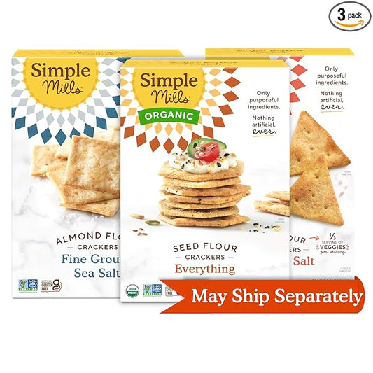 Simple Mills Almond Flour Crackers Fine Ground Sea Salt, Organic Seed Crackers Everything, and Veggie Pita Crackers Himalayan Sea Salt (Pack of 3)